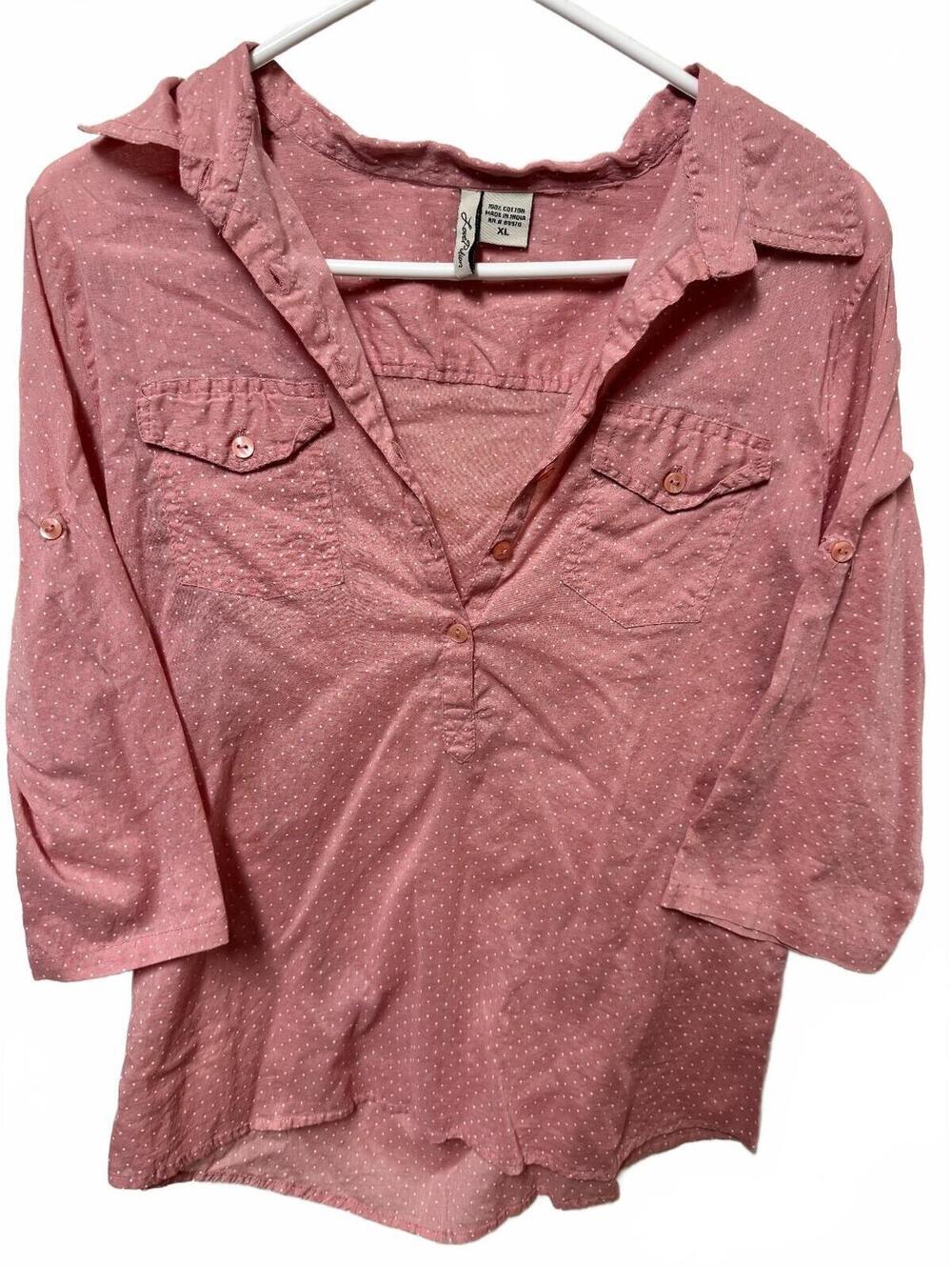 Love Potion Polka Dot Henley Top Pink Size XL 100% Cotton Roll Tab Sleeve